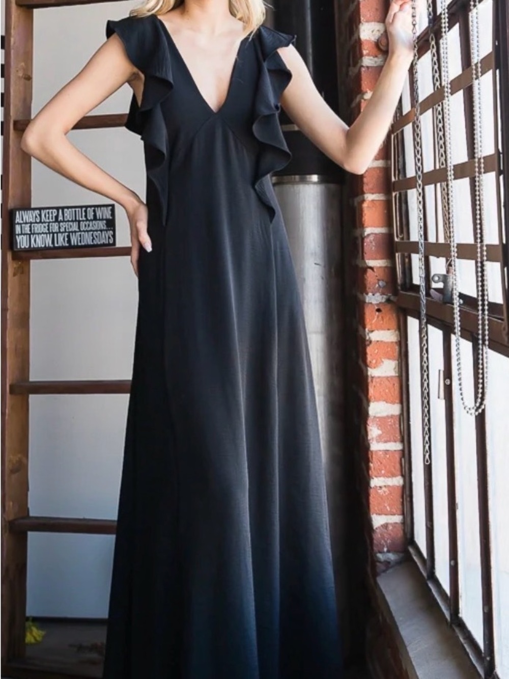 7th Ray Black Ruffle V-Neck Maxi Dress